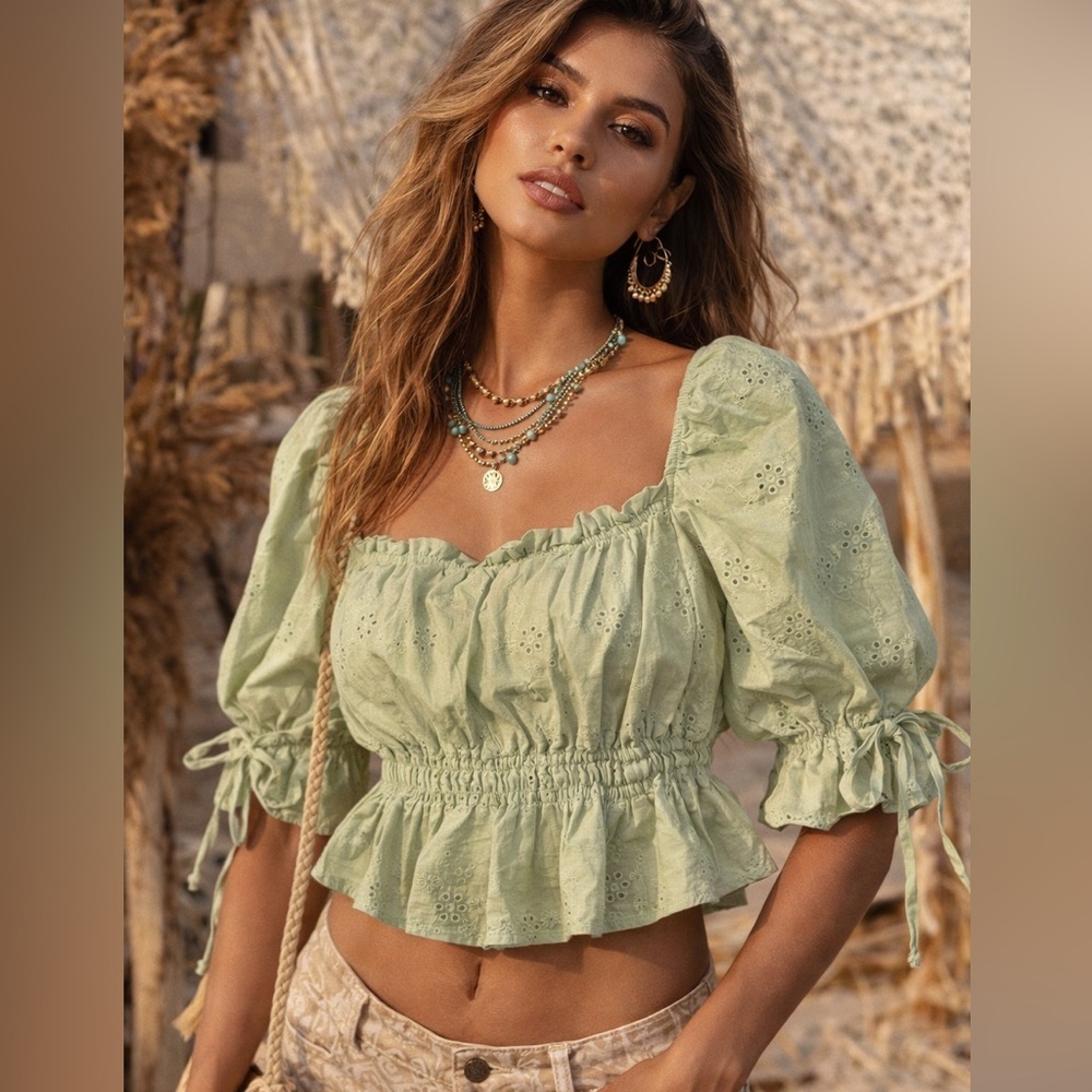Ambiance Light Green Eyelet Puff Sleeve Blouse